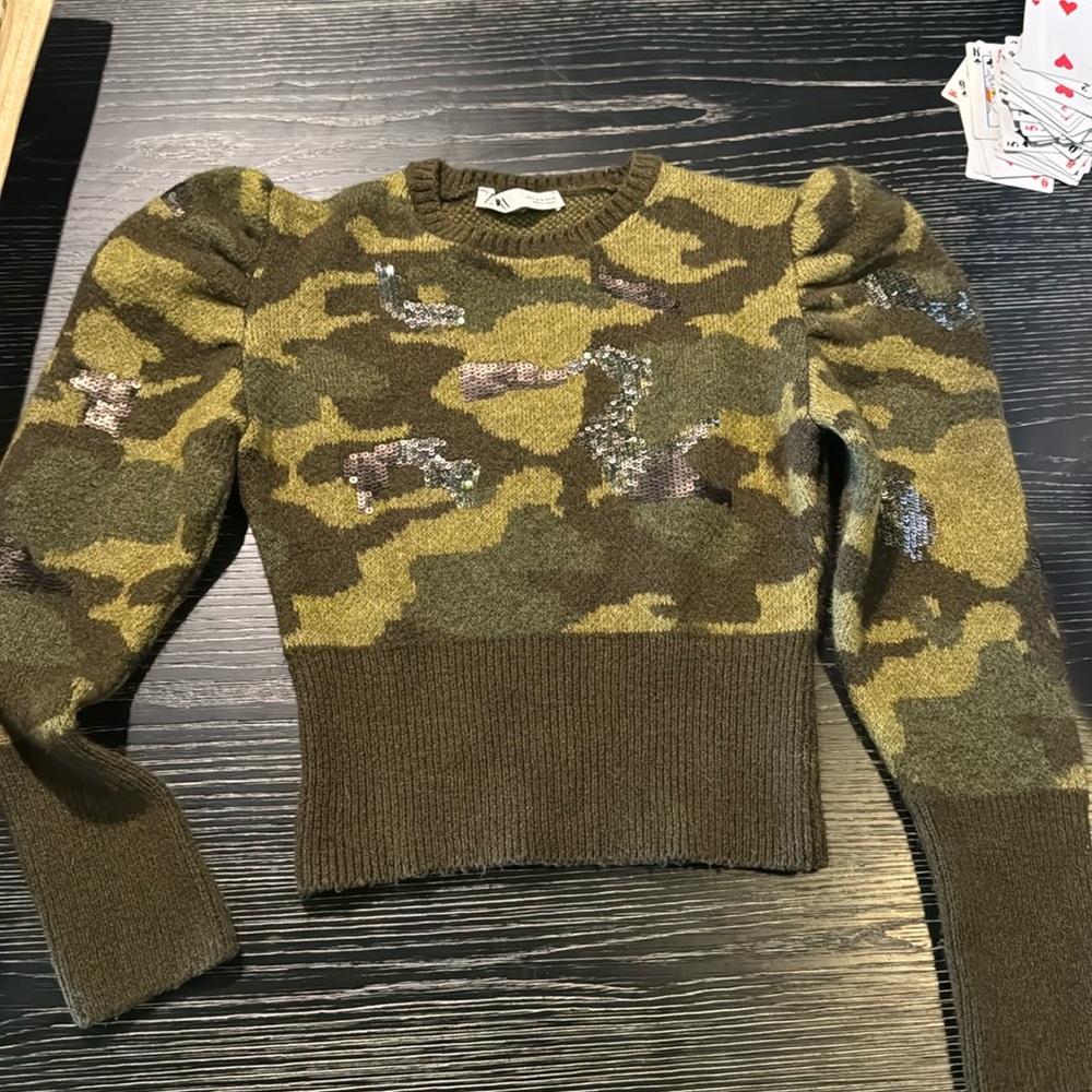 ZARA CAMO PUFF SLEEVE SEQUIN SWEATER, SIZE MEDIUM, WORN ONCE